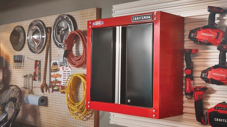Craftsman Red Steel Garage Cabinet mounted on garage wall