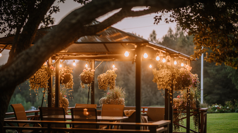Gazebo with fairy lights in the dusk