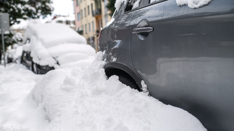 Snow piled on the edge of a car