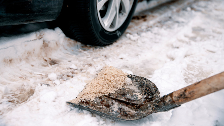 Shovel with salt on snowy driveway