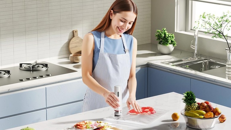 Woman using a small food vacuum sealer to suction a bag of food