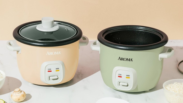 Hand pouring uncooked rice grains in a mini rice cooker