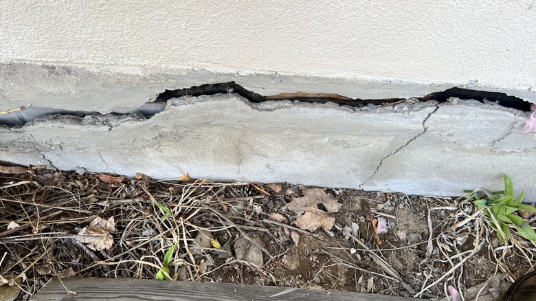 Wide crack in concrete foundation.