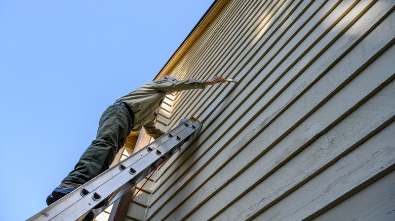 A person on a ladder painting the side of a house.