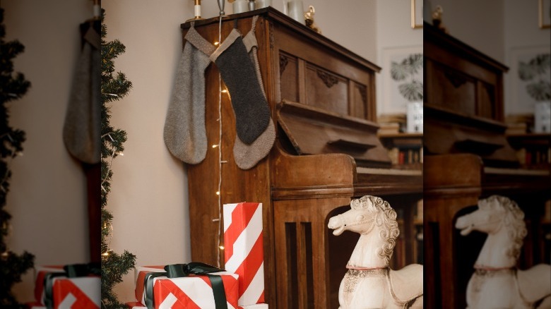 neutral stockings on wooden piano