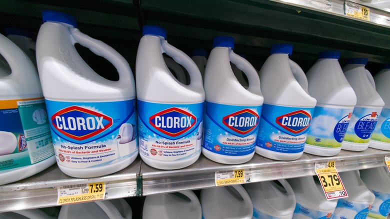 A shelf filled with bottles of Clorox.