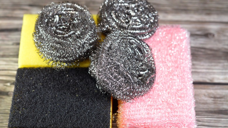 A pile of stainless steel scrubbing pads.