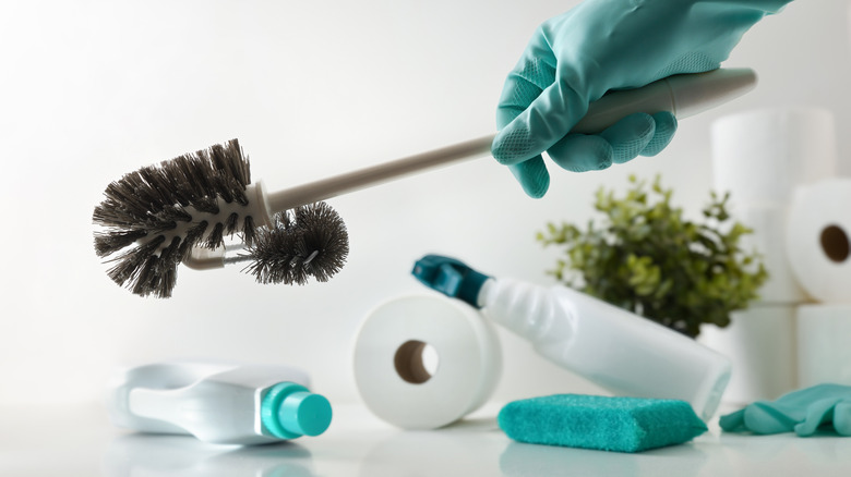 A pile of bathroom cleaning products