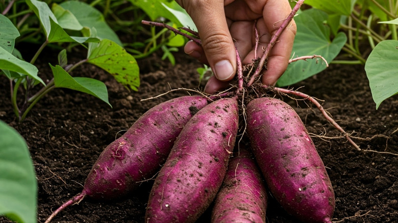 Gardener harvesting a lovely crop of sweet potatoes