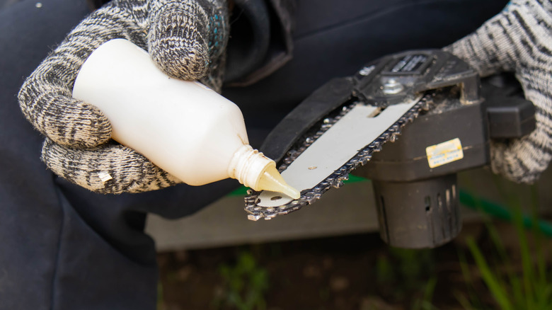 A person lubricating a chainsaw blade