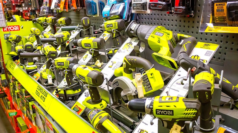 A selection of Ryobi tools being sold in a store