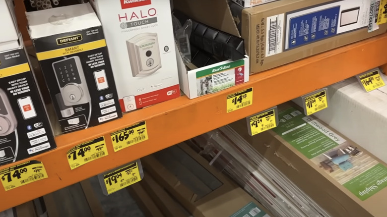 Home Depot electronic locks with yellow discount price tags