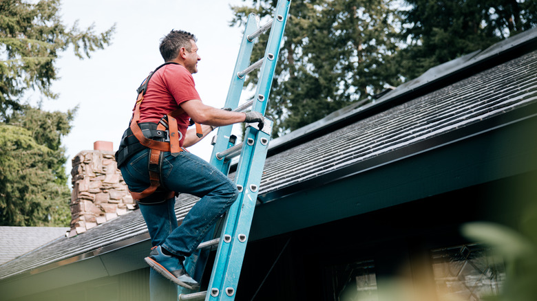 Man climbing onto roof from ladder