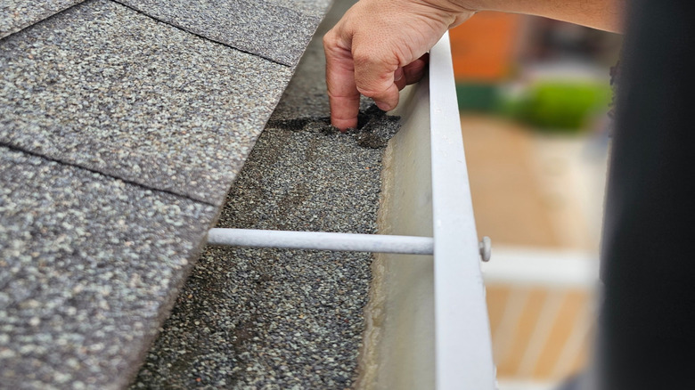 Hand touching shingle granules in the gutter
