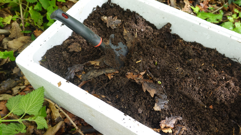 A white container filled with soil, dead leaves, and a trowel