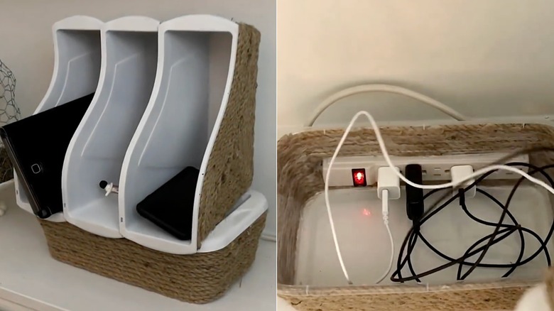 Split image showing Dollar Tree book bins used as a charging station and the hidden power strip underneath.