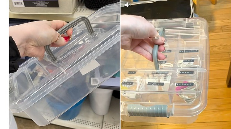 Person holding up a clear plastic case with labeled charging cords inside.