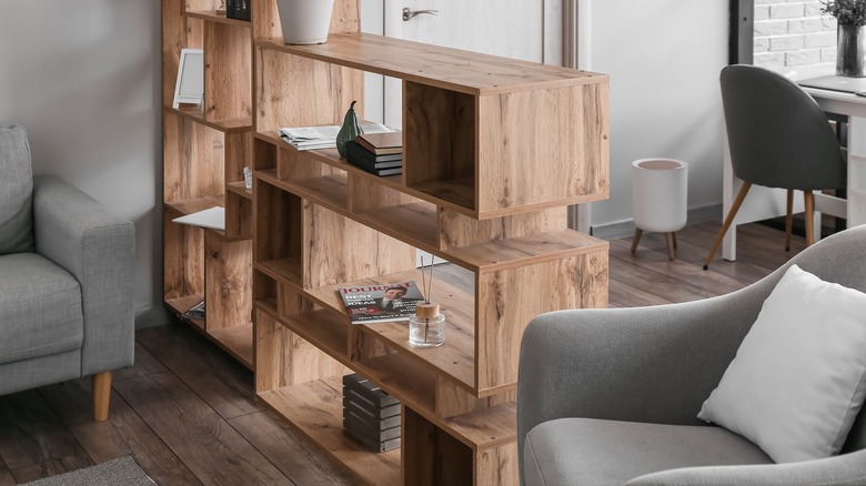 A bookcase being used as a room divider
