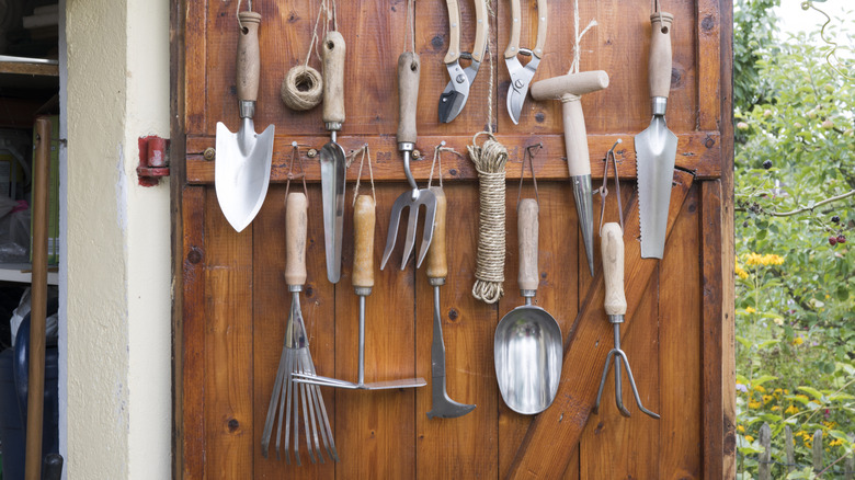Tools stored on a rack on the inside of a shed door