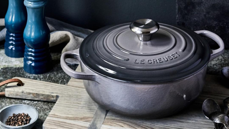 A dark gray Le Creuset cast iron in the shade 'Oyster.'