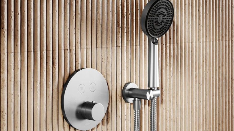 AcquaVita Brushed Stainless Push Button Rainfall Thermostatic Shower