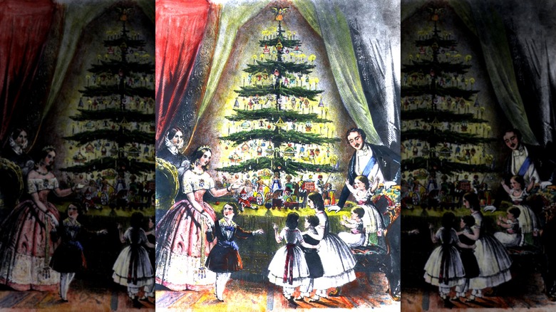 1848 engraving of the royal christmas tree surrounded by queen victoria, prince albert, and their children