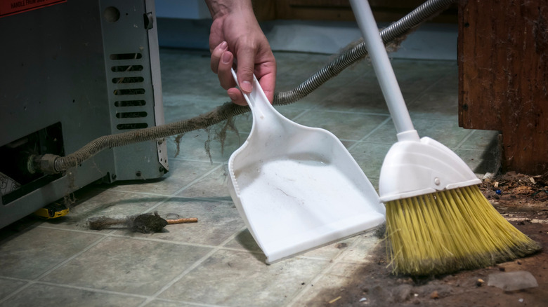 broom and dustpan sweeping up dirt behind kitchen appliance