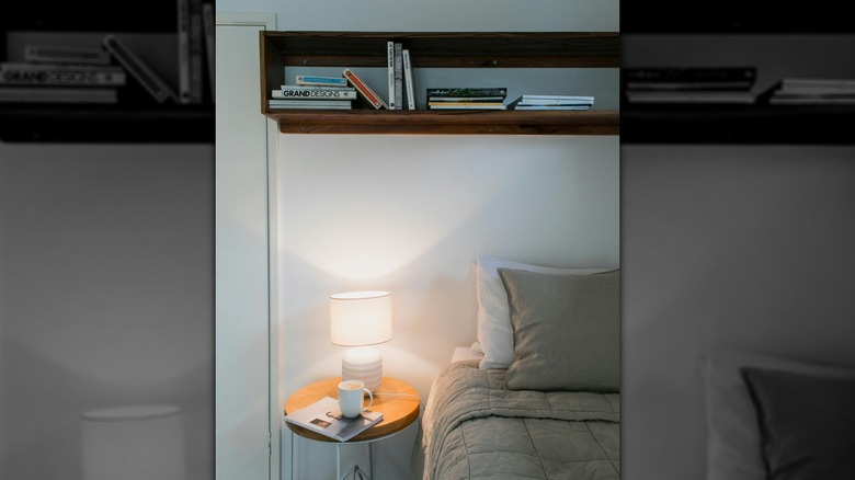 Books on a bookshelf above bed