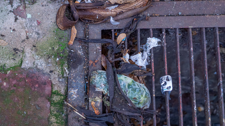 Dirty storm drain with debris on the grate