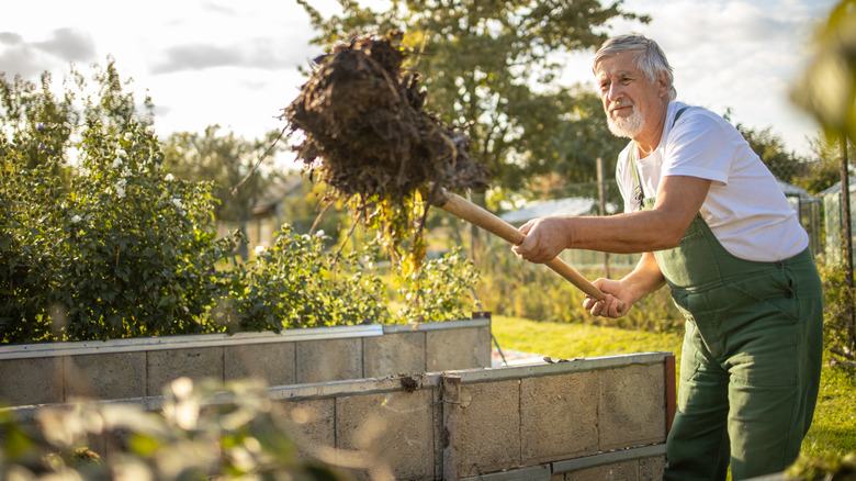Gardener turning a compost heap