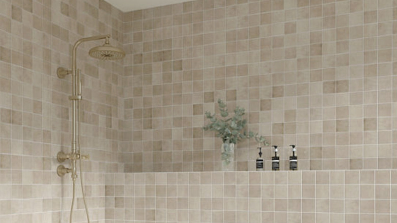 American Olean's Studio Haven tile in a bathroom with a brass shower fixture