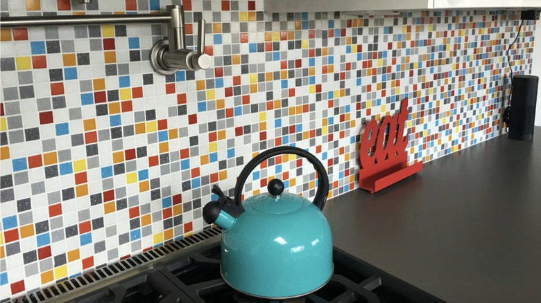 Modwalls' Brio glass mosaic tile in the Austin Blend on a kitchen wall