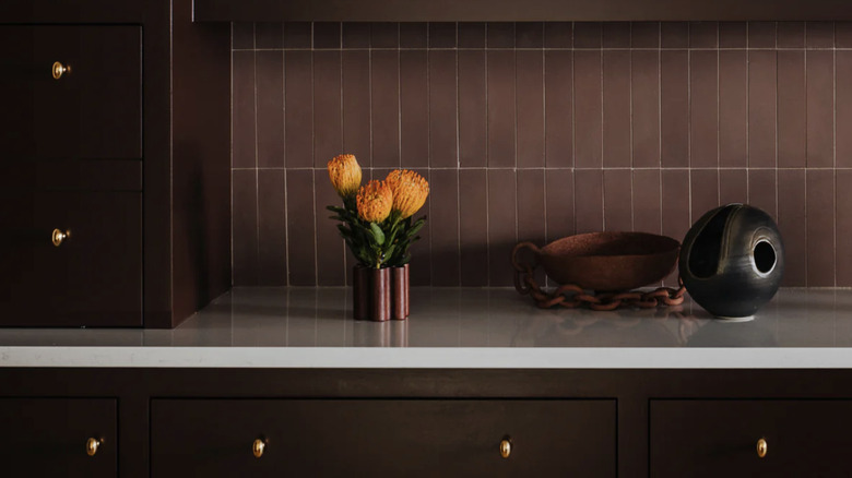 A kitchen backsplash with Zia Tile's Aubergine cement tiles