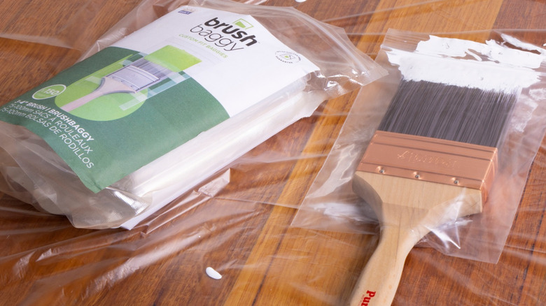 A wooden paint brush in a brush baggy plastic bag