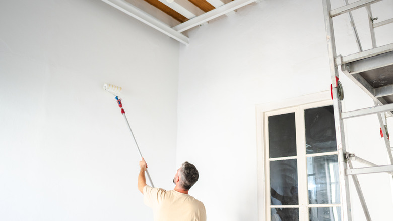 A man using a telescoping paint pole on a white wall