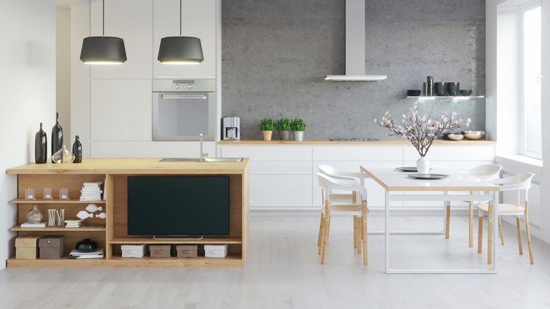 modern kitchen with light flooring