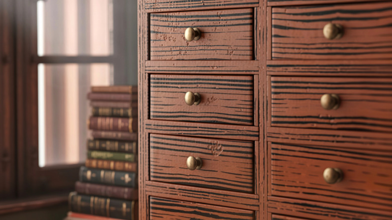 A close-up of a brown wood dresser with gold knobs.