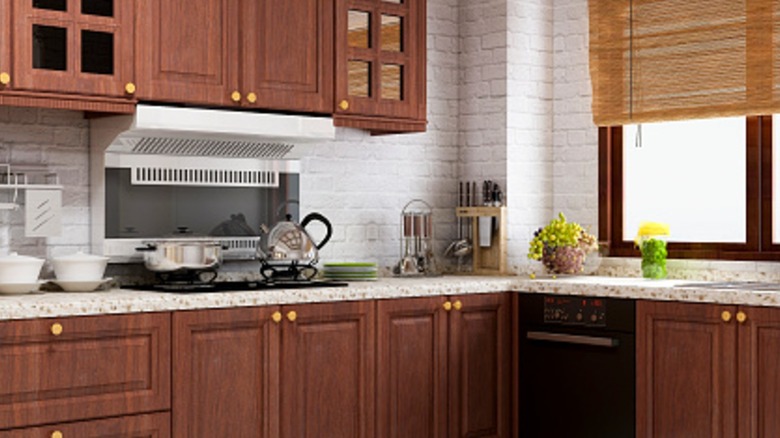 A kitchen with earthy tones and features.