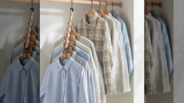 Vertical hanger with shirts cascading downward