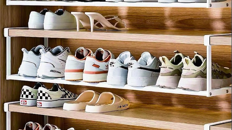 Under-cabinet shelves with rows of shoes