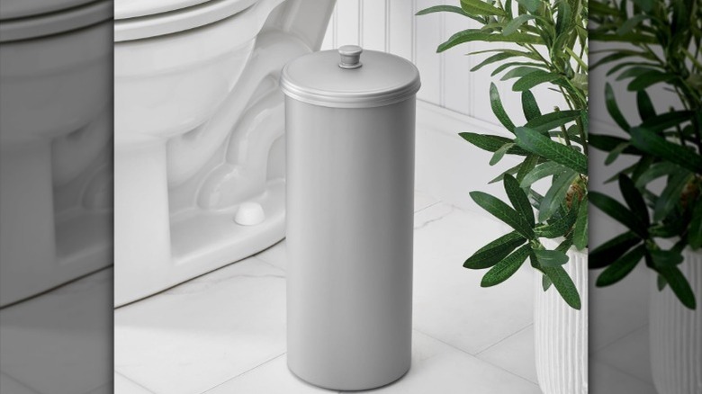 metal concealed toilet paper holder beside toilet and greenery