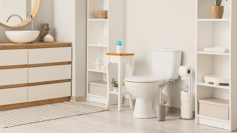 freestanding toilet paper holder beside toilet in decorated bathroom