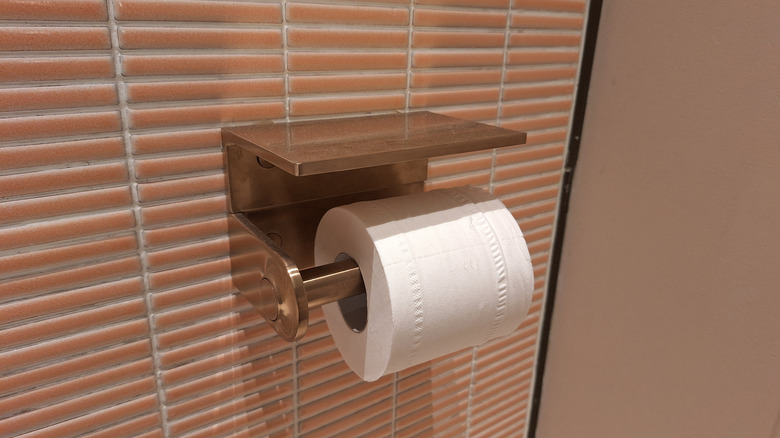 metal wall-mounted toilet paper holder with shelf and roll of paper
