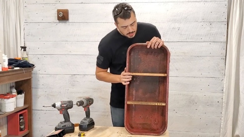 Shelf made from an old red wagon
