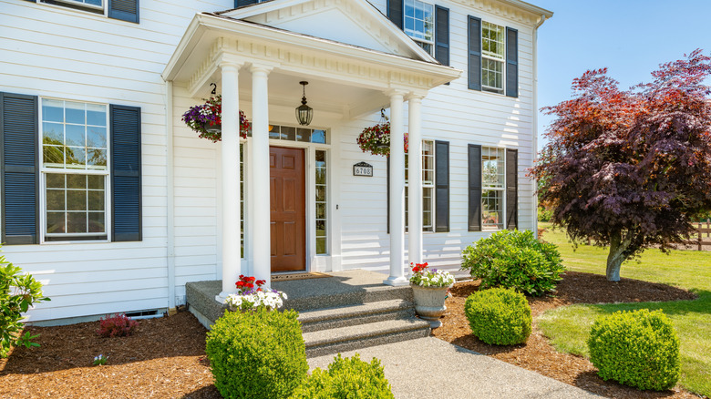 A traditional front yard with landscaping.