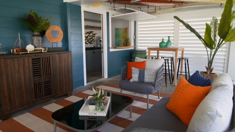 A colorful outdoor living room patio.