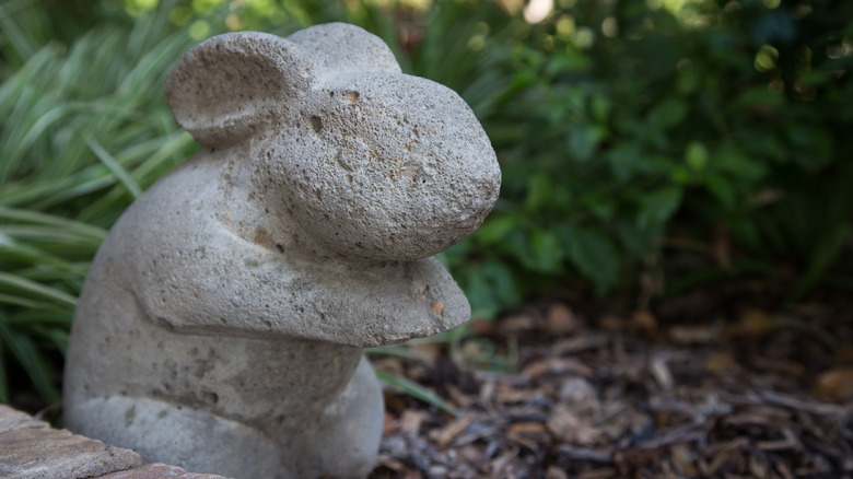 Closeup of a bunny garden statue