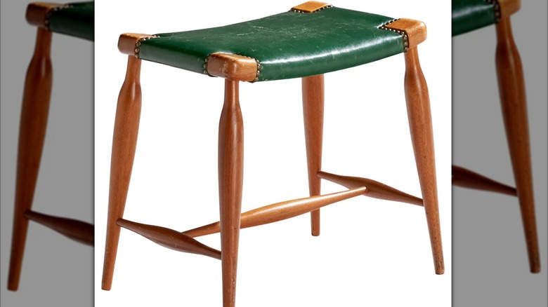 Mahogany stool with green leather top