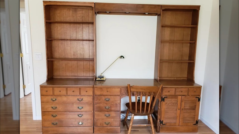 vintage Ethan Allen desk and shelving unit with chair