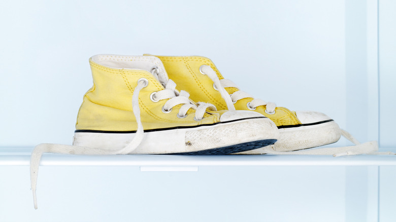 Yellow lace-up shoes in the fridge